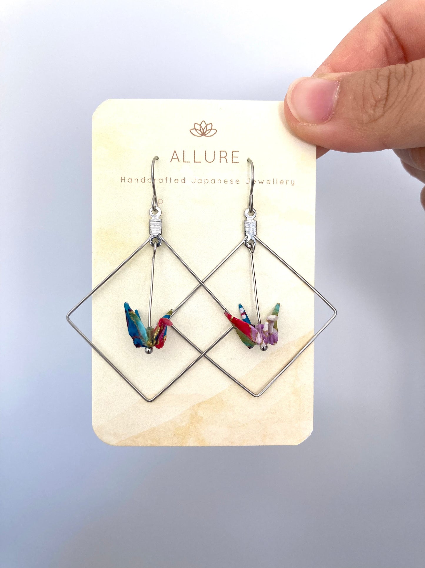 Origami Crane Earrings in a Square Frame