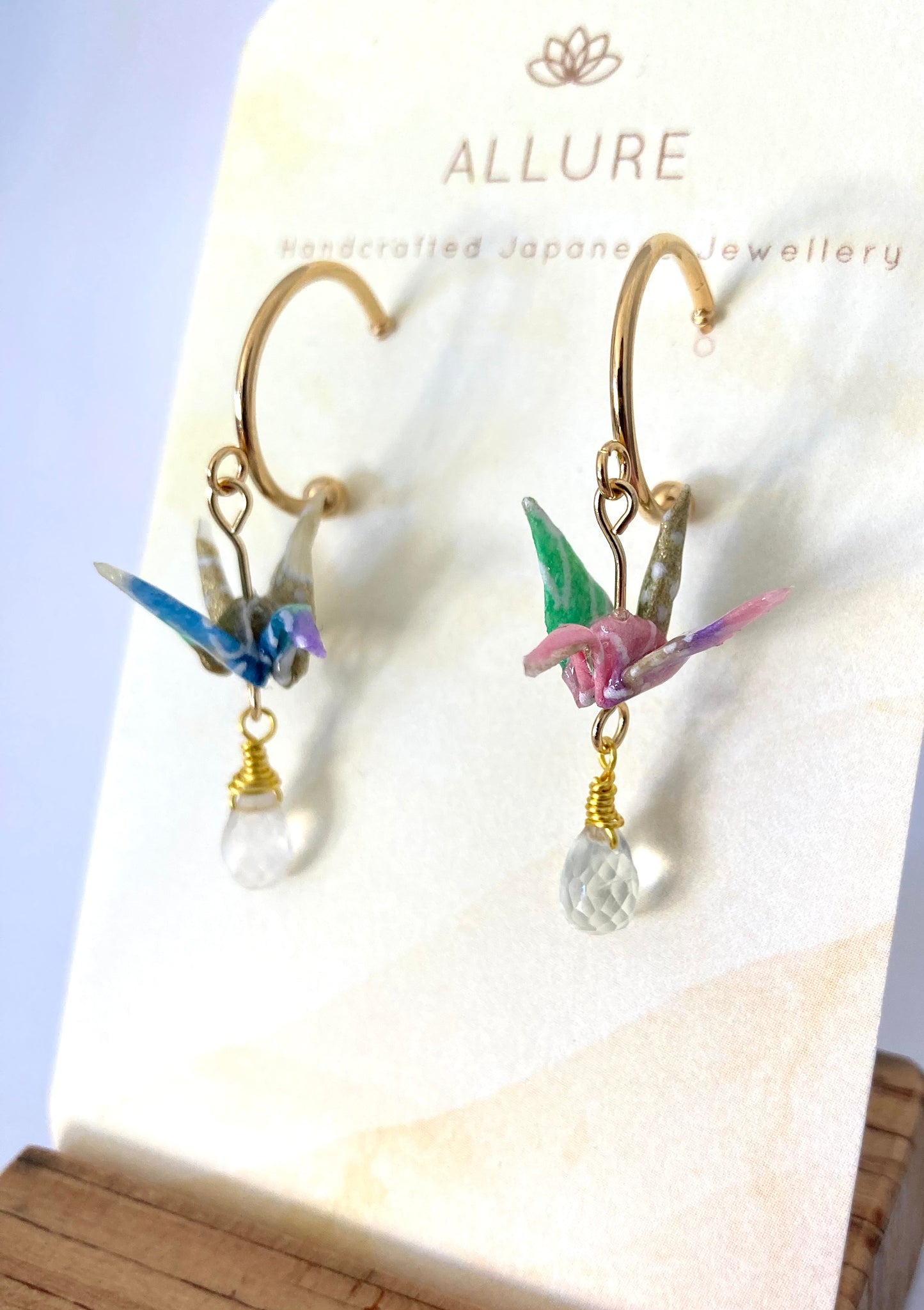 Origami Crane Earrings - Half Moon Stud Hook with Moonstone