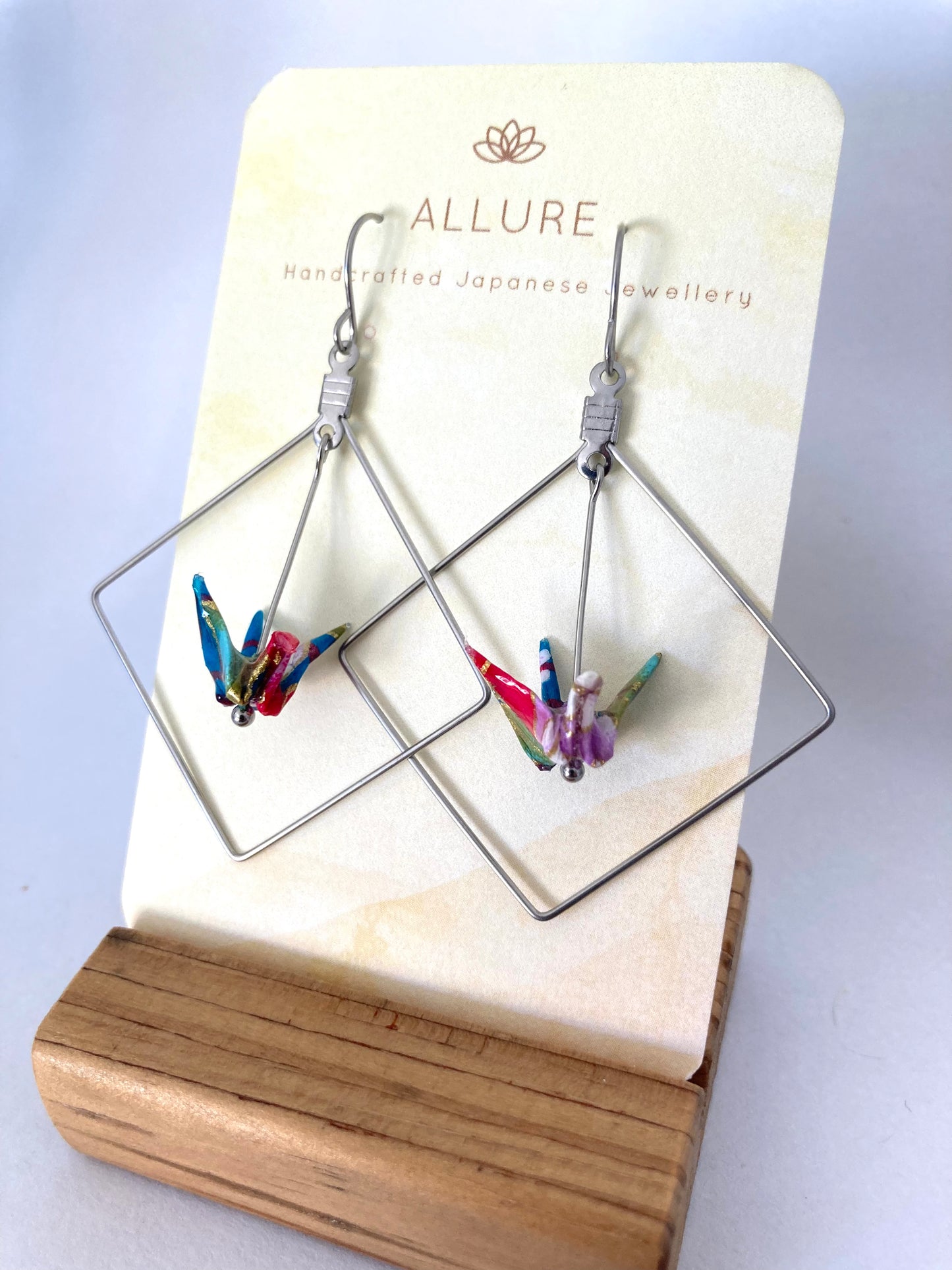 Origami Crane Earrings in a Square Frame