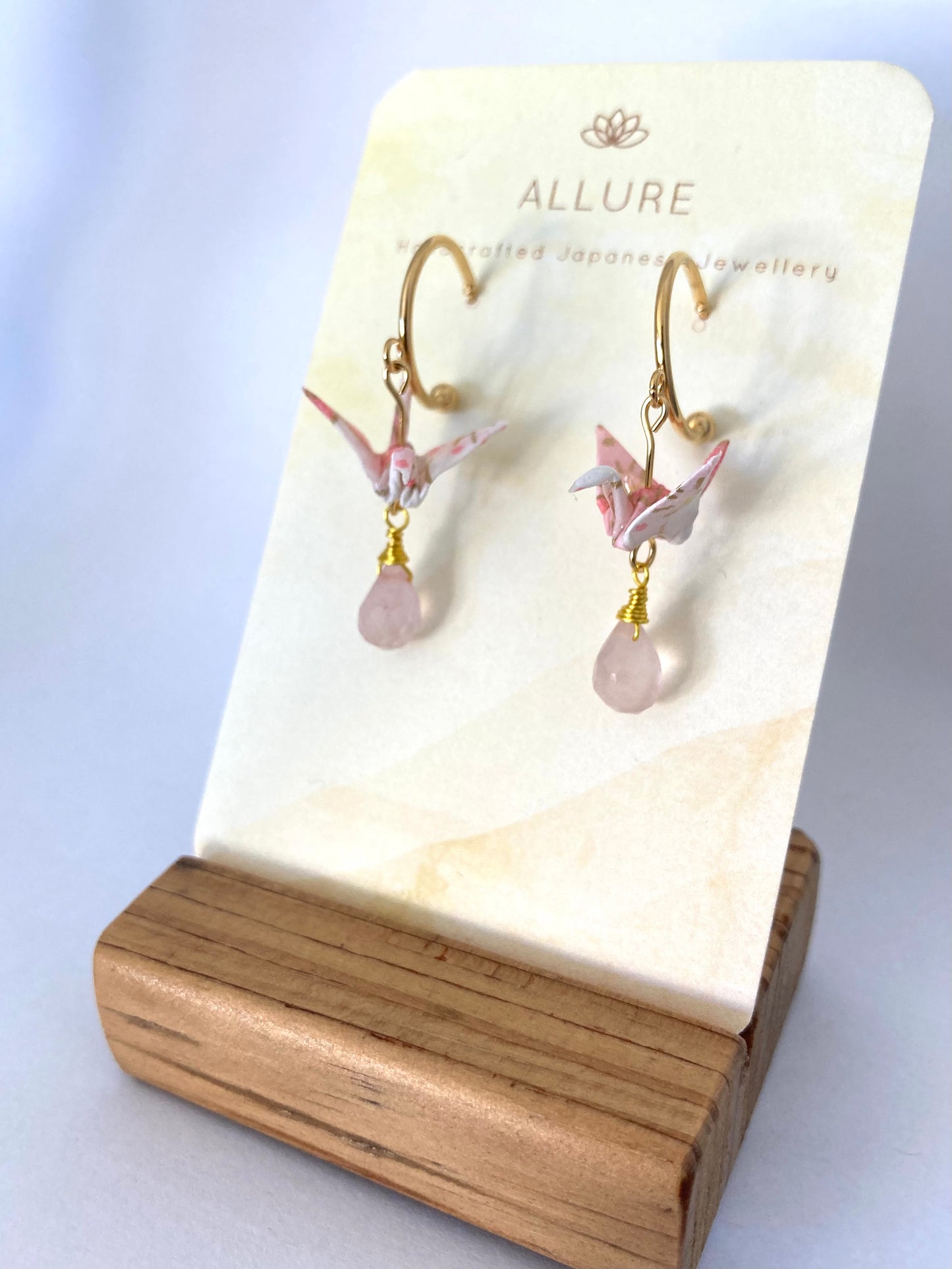 Origami Crane Earrings - Half Moon Stud Hook with Rose Quartz