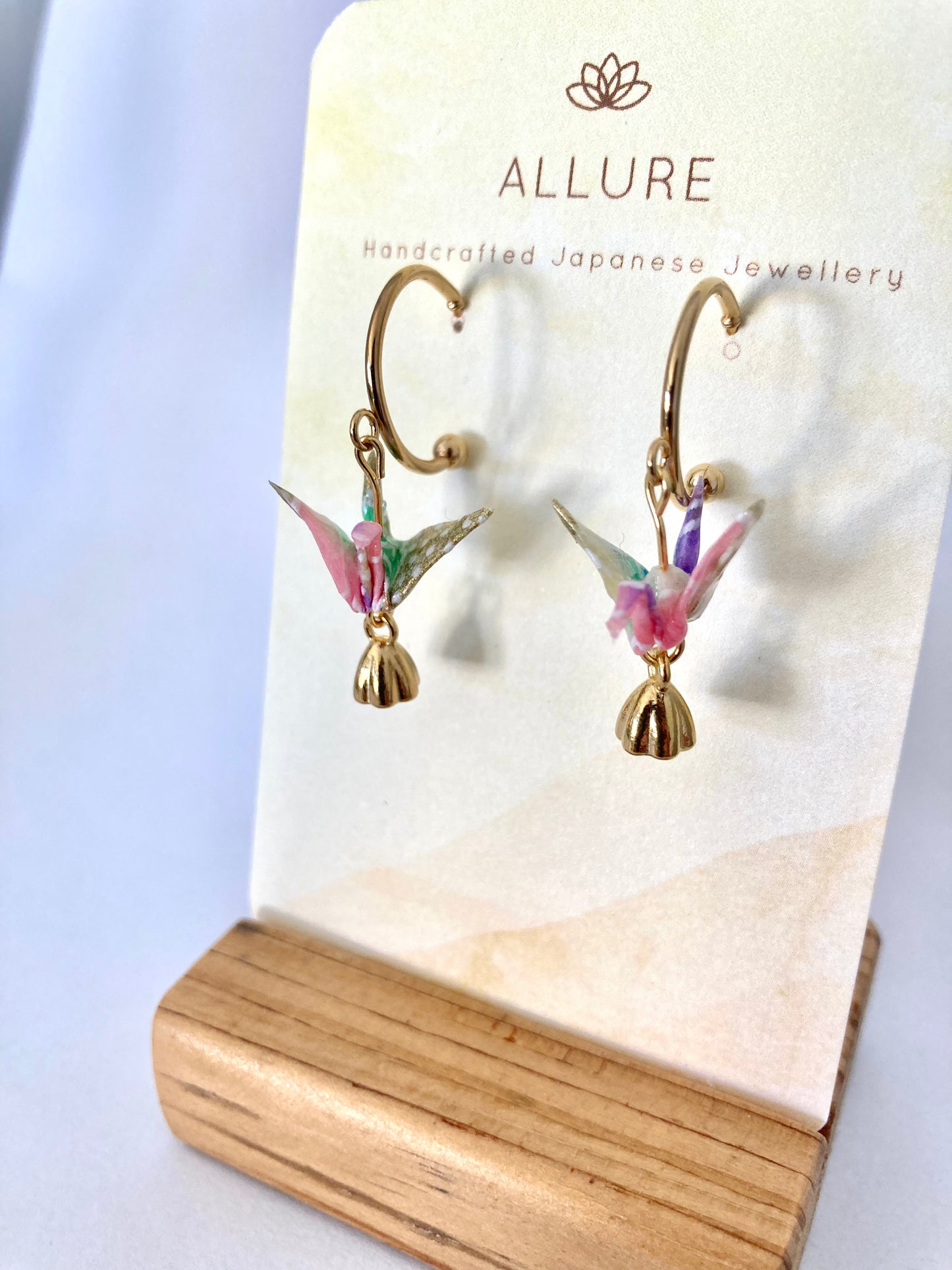 Origami Crane Earrings - Half Moon Stud Hook with Lotus seeds