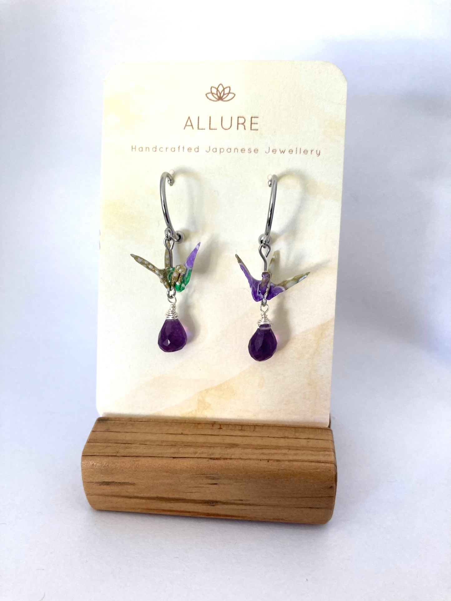 Origami Crane Earrings - Half Moon Stud Hook with Amethyst