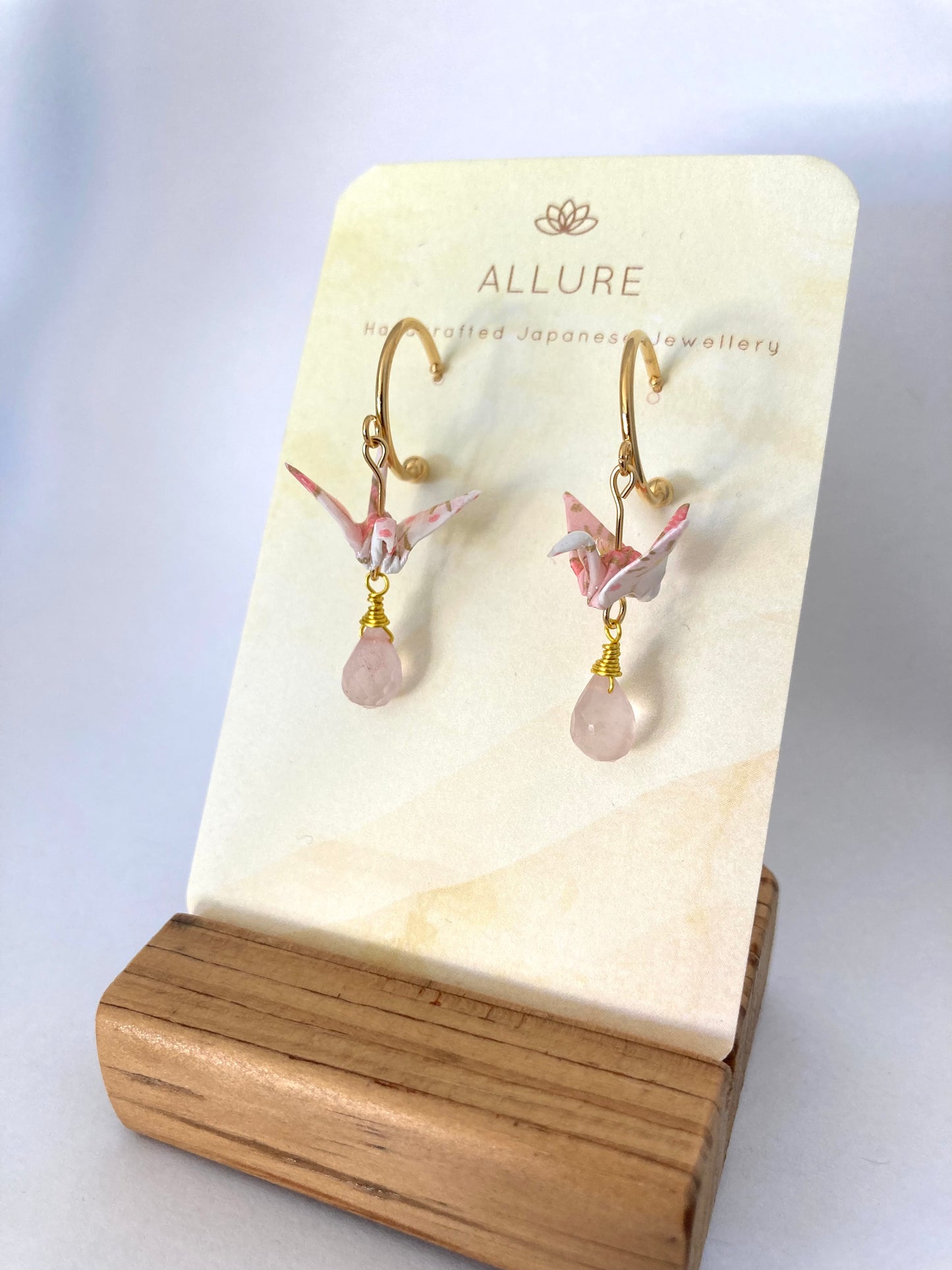 Origami Crane Earrings - Half Moon Stud Hook with Rose Quartz