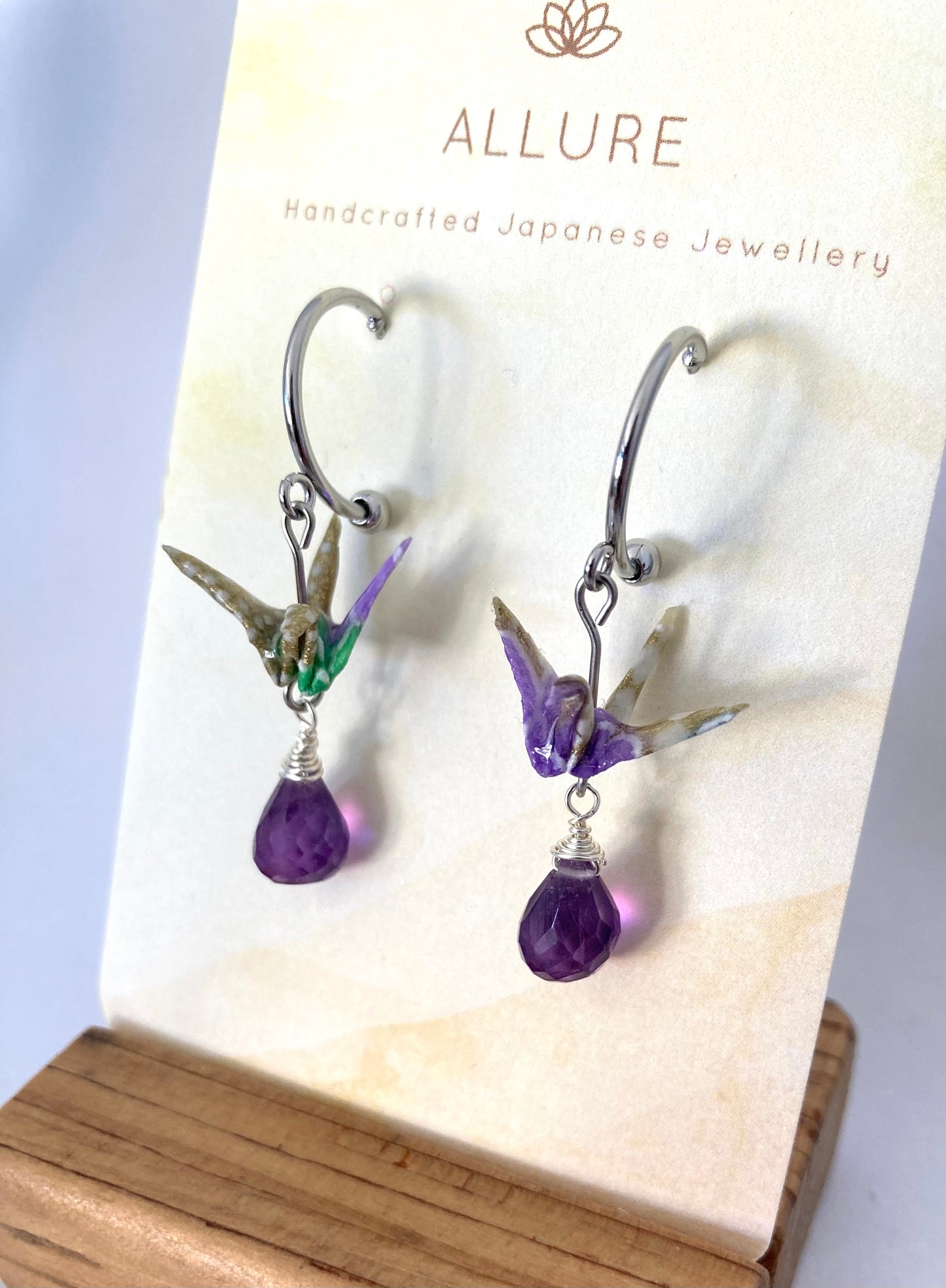 Origami Crane Earrings - Half Moon Stud Hook with Amethyst