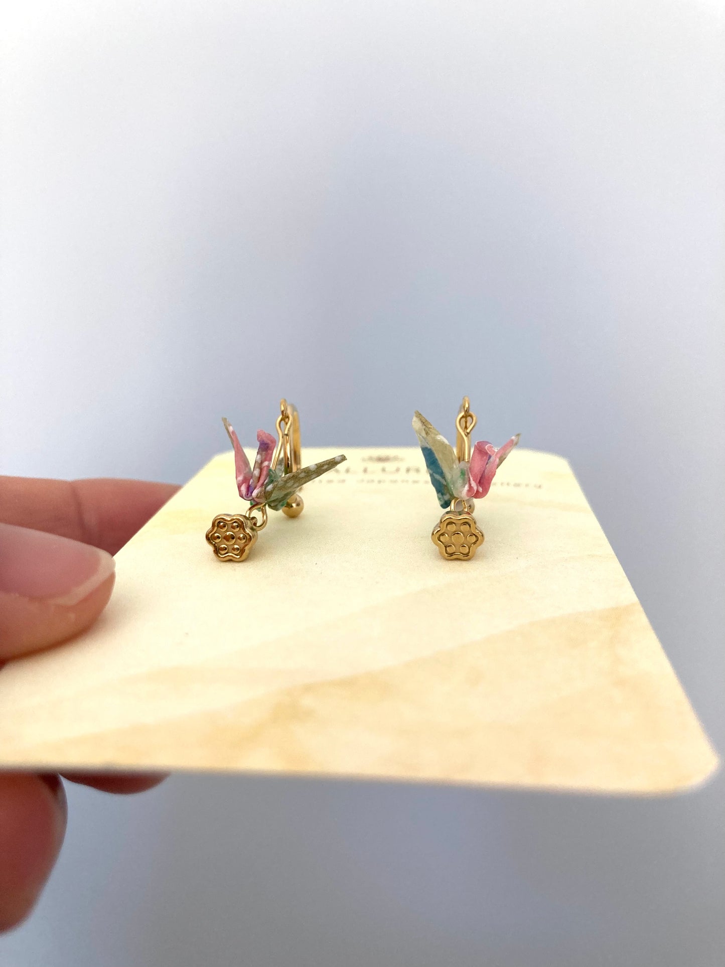 Origami Crane Earrings - Half Moon Stud Hook with Lotus seeds