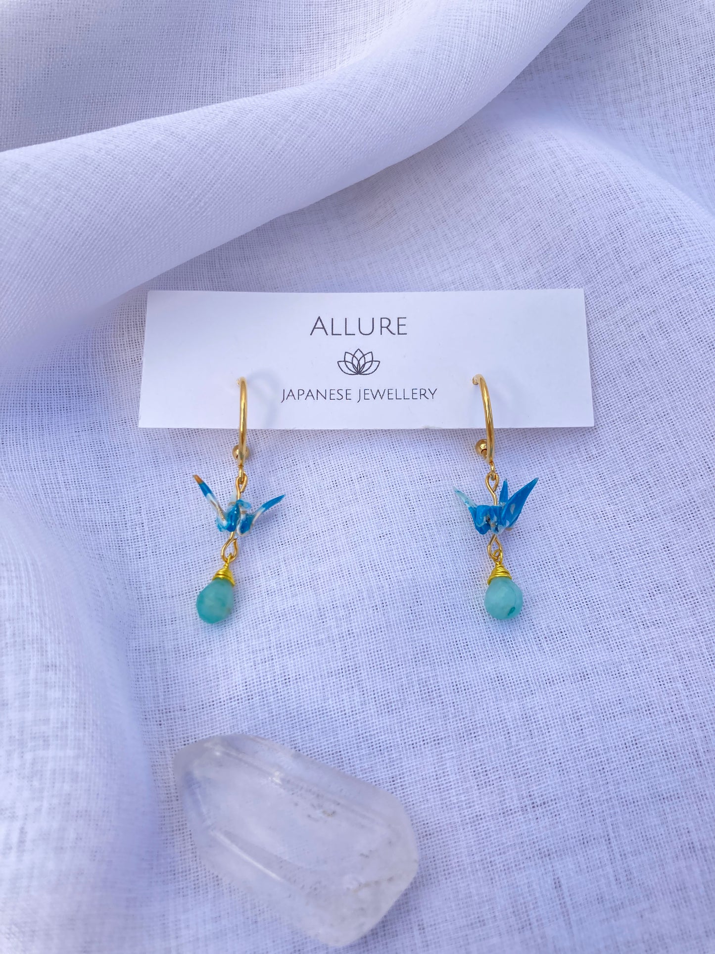 Origami Crane Earrings - Half moon studs, Aqua