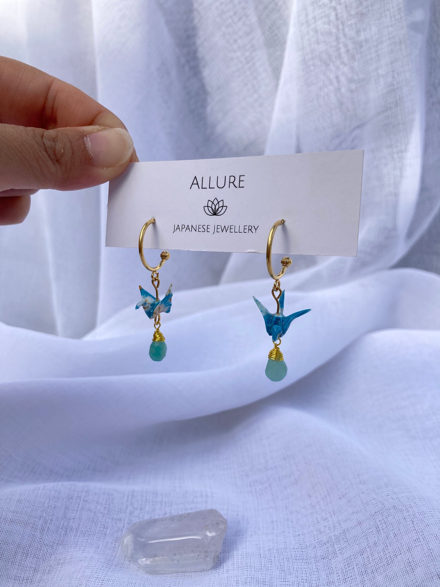 Origami Crane Earrings - Half moon studs, Aqua