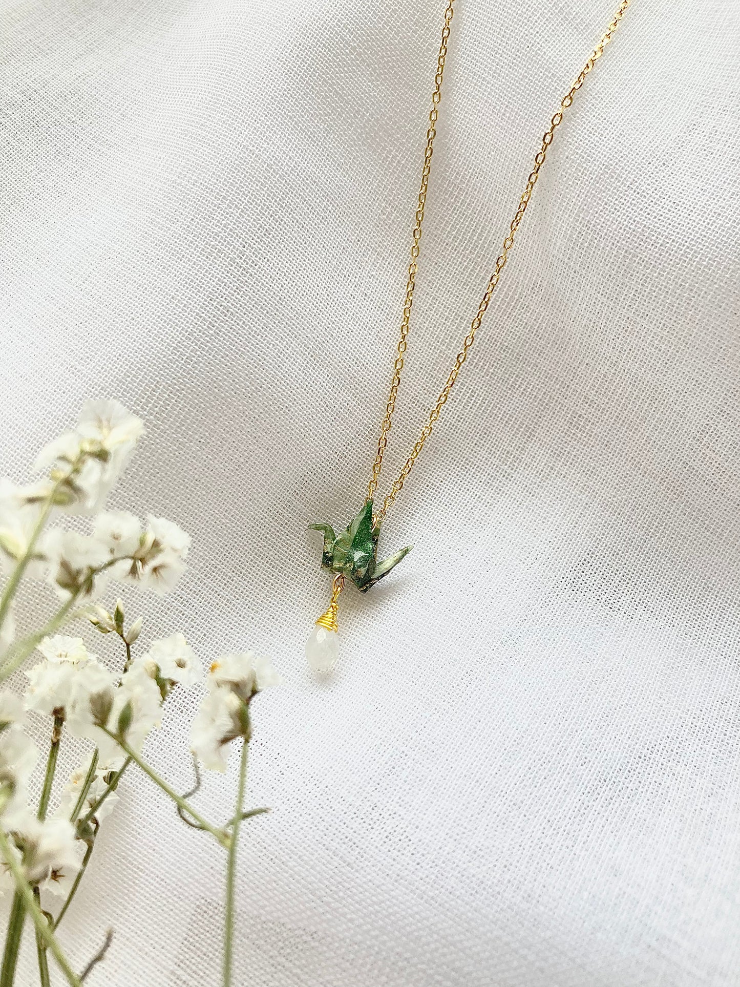 Origami Crane Necklace - Olive-, Premium Class Metal, 14k gold filled