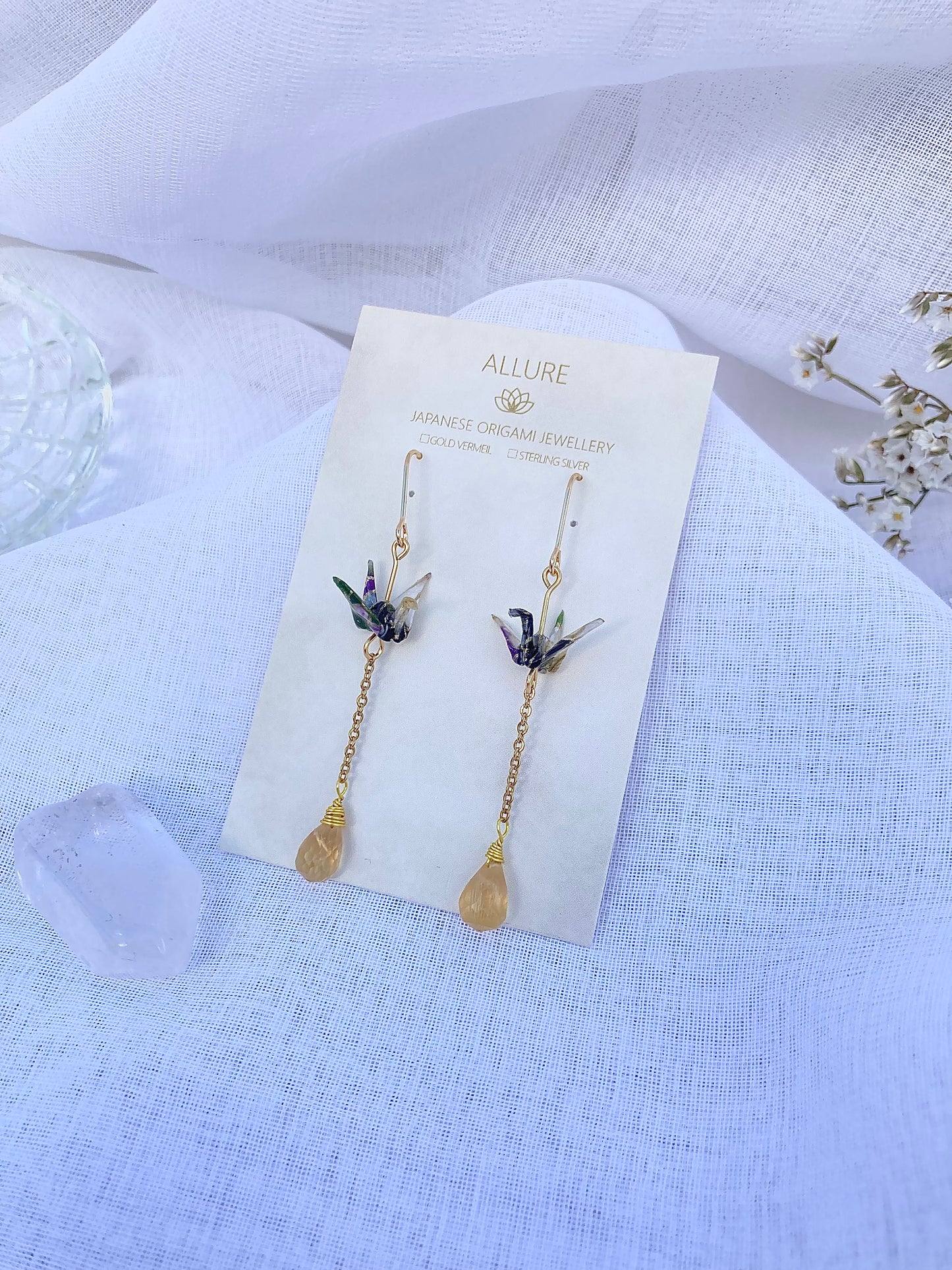 Origami Crane Earrings with Long Chain