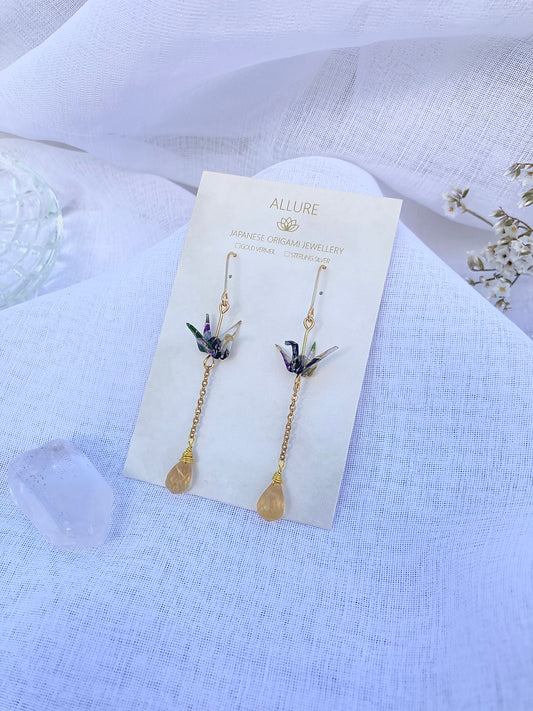 Origami Crane Earrings with Long Chain