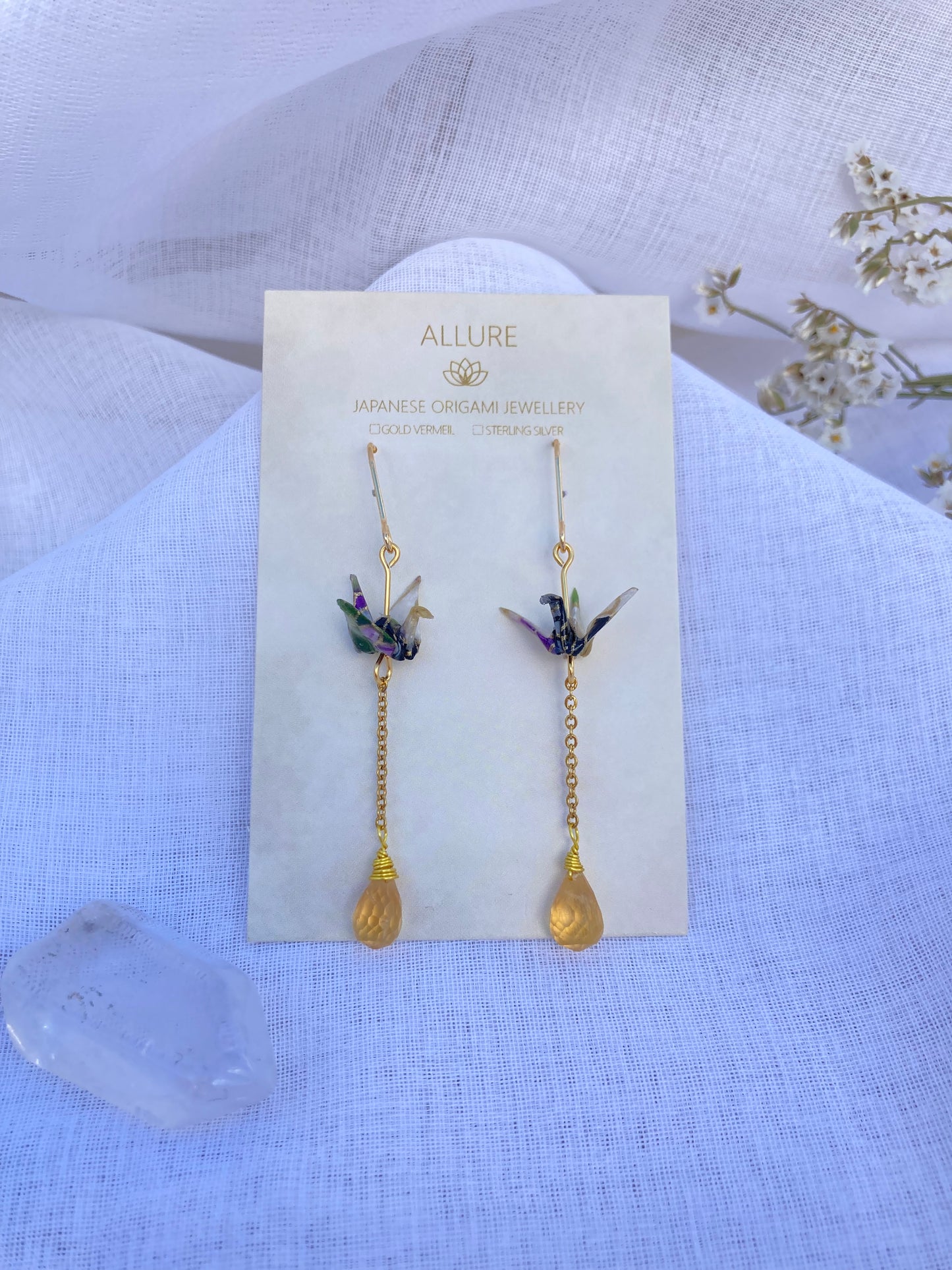 Origami Crane Earrings with Long Chain