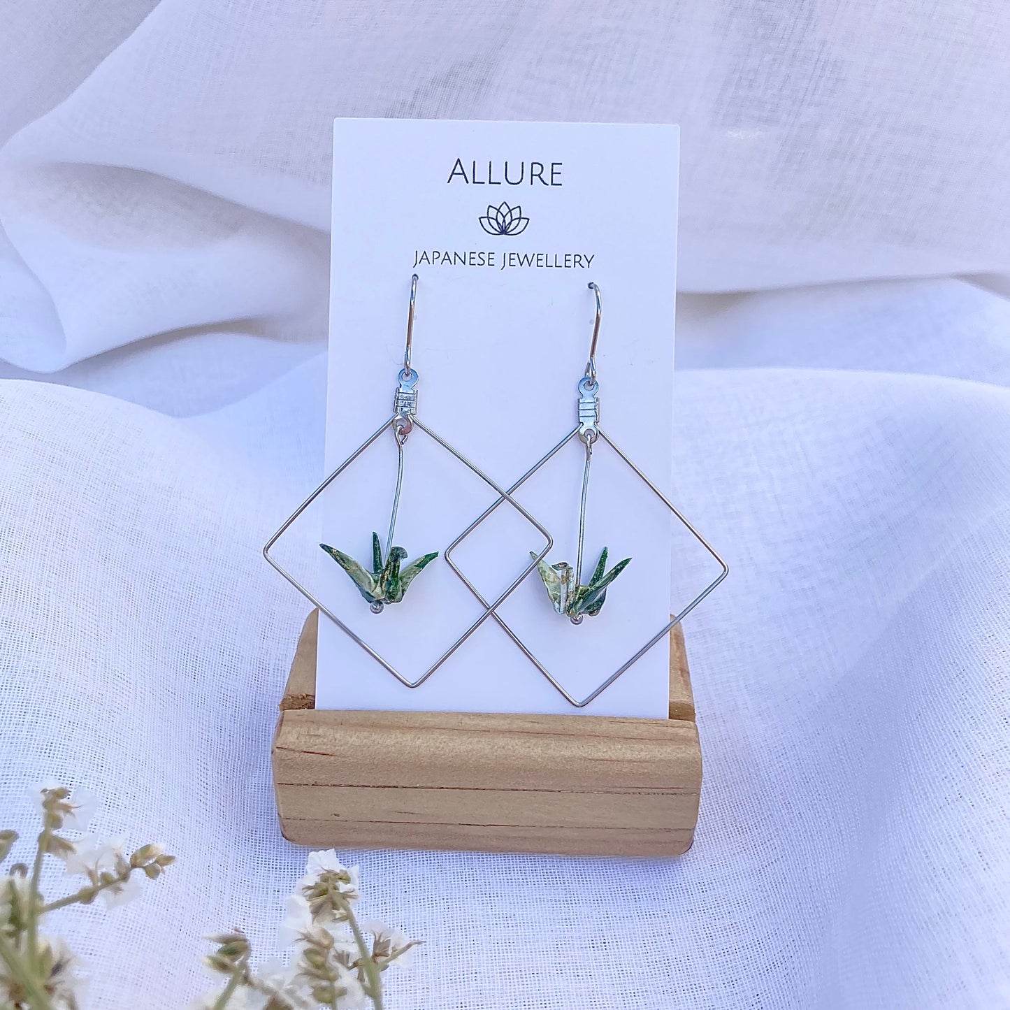 Origami Crane Earrings - Square Frame, Olive