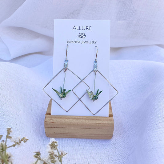 Origami Crane Earrings - Square Frame, Olive