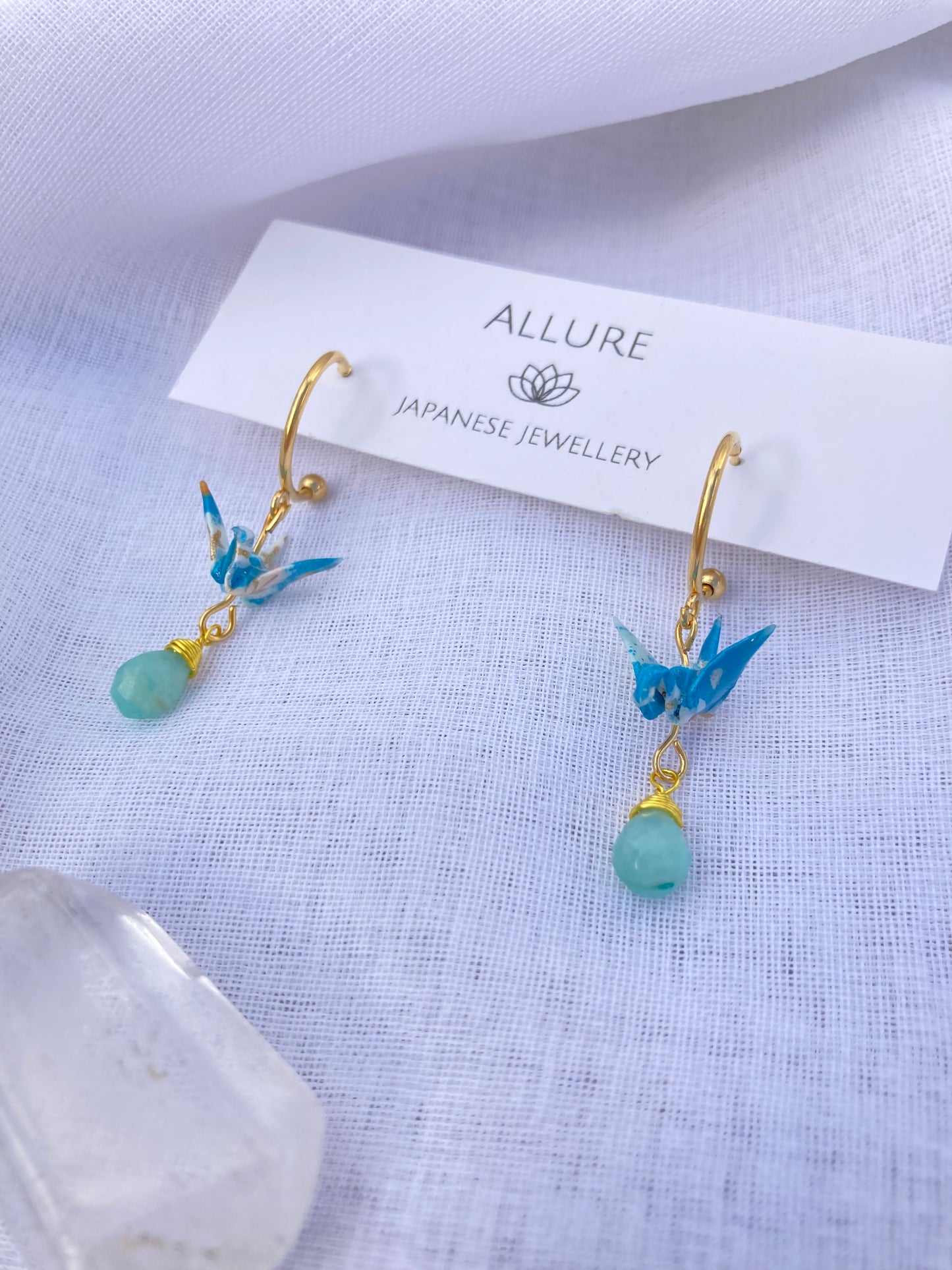 Origami Crane Earrings - Half moon studs, Aqua