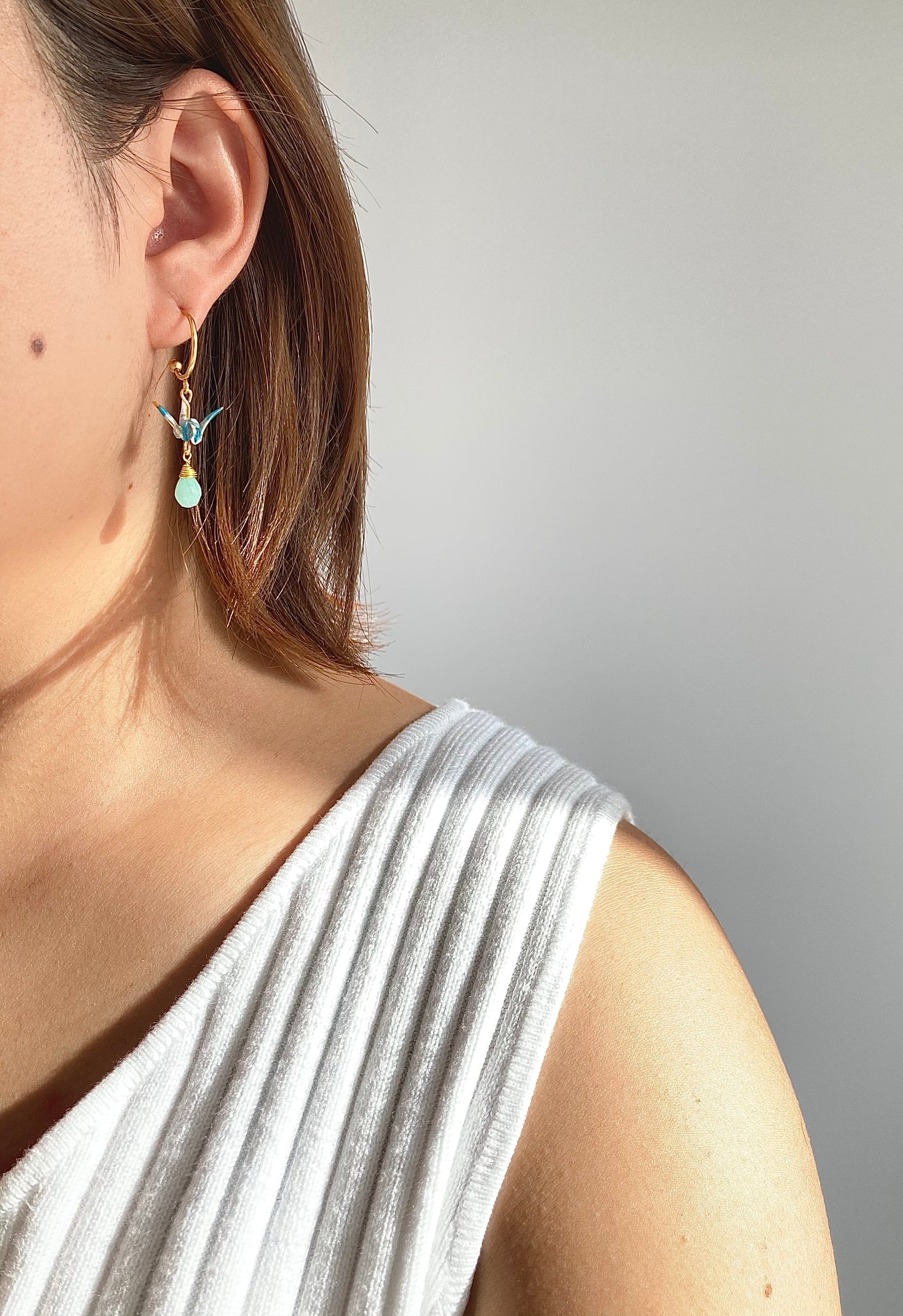 Origami Crane Earrings - Half moon studs, Aqua