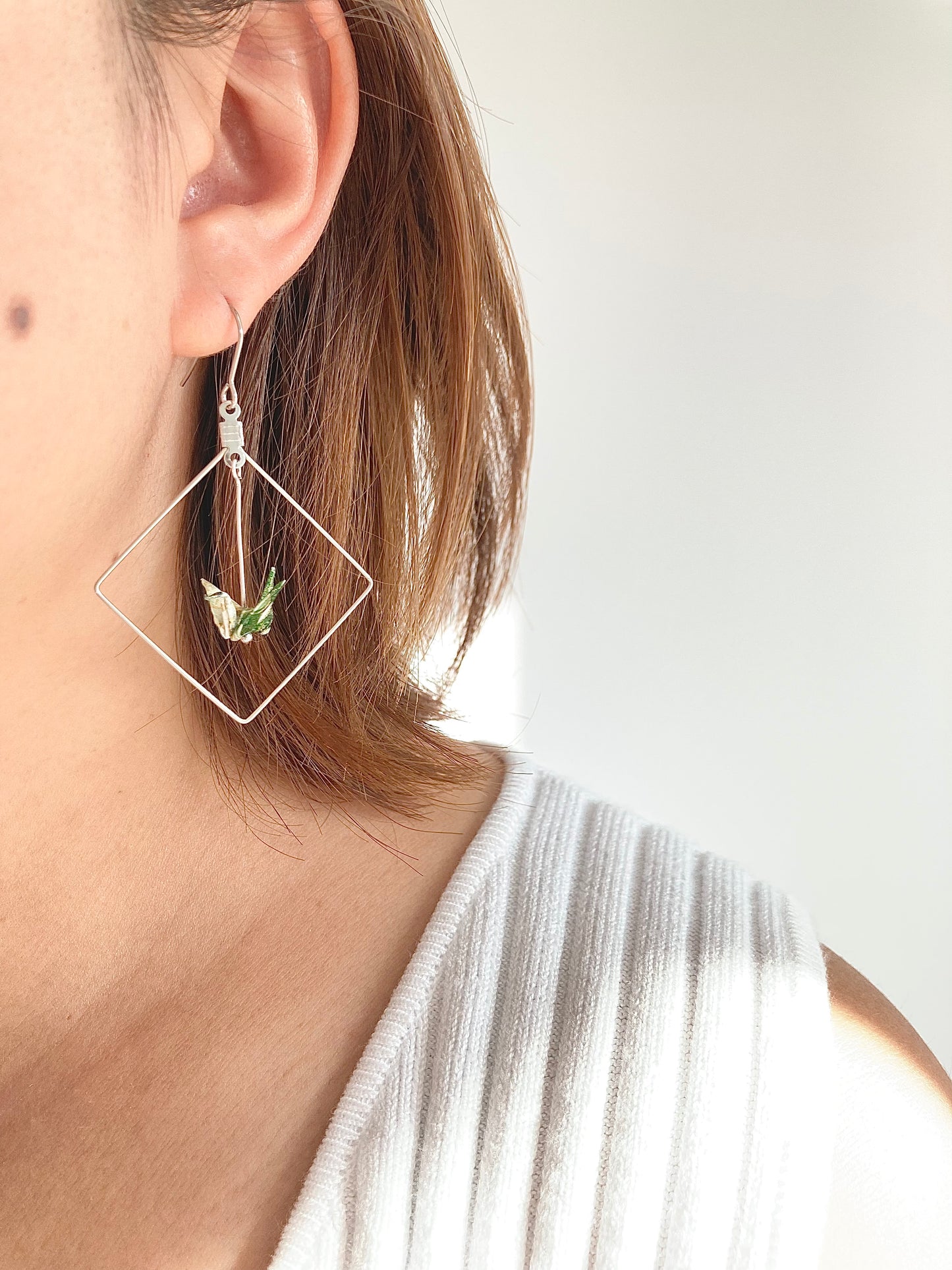 Origami Crane Earrings - Square Frame, Olive