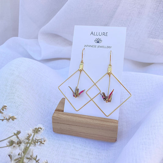 Origami Crane Earrings - Square Frame, Gold & Red