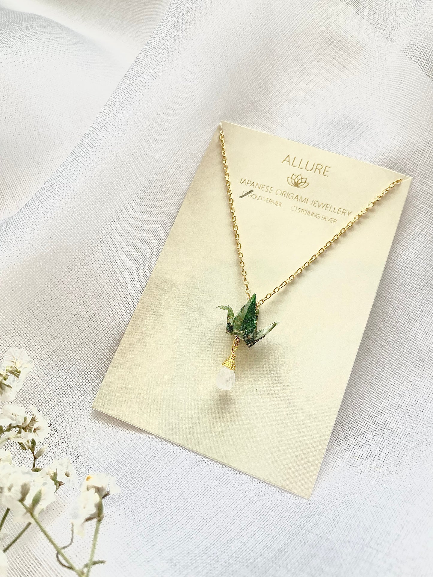 Origami Crane Necklace - Olive-, Premium Class Metal, 14k gold filled