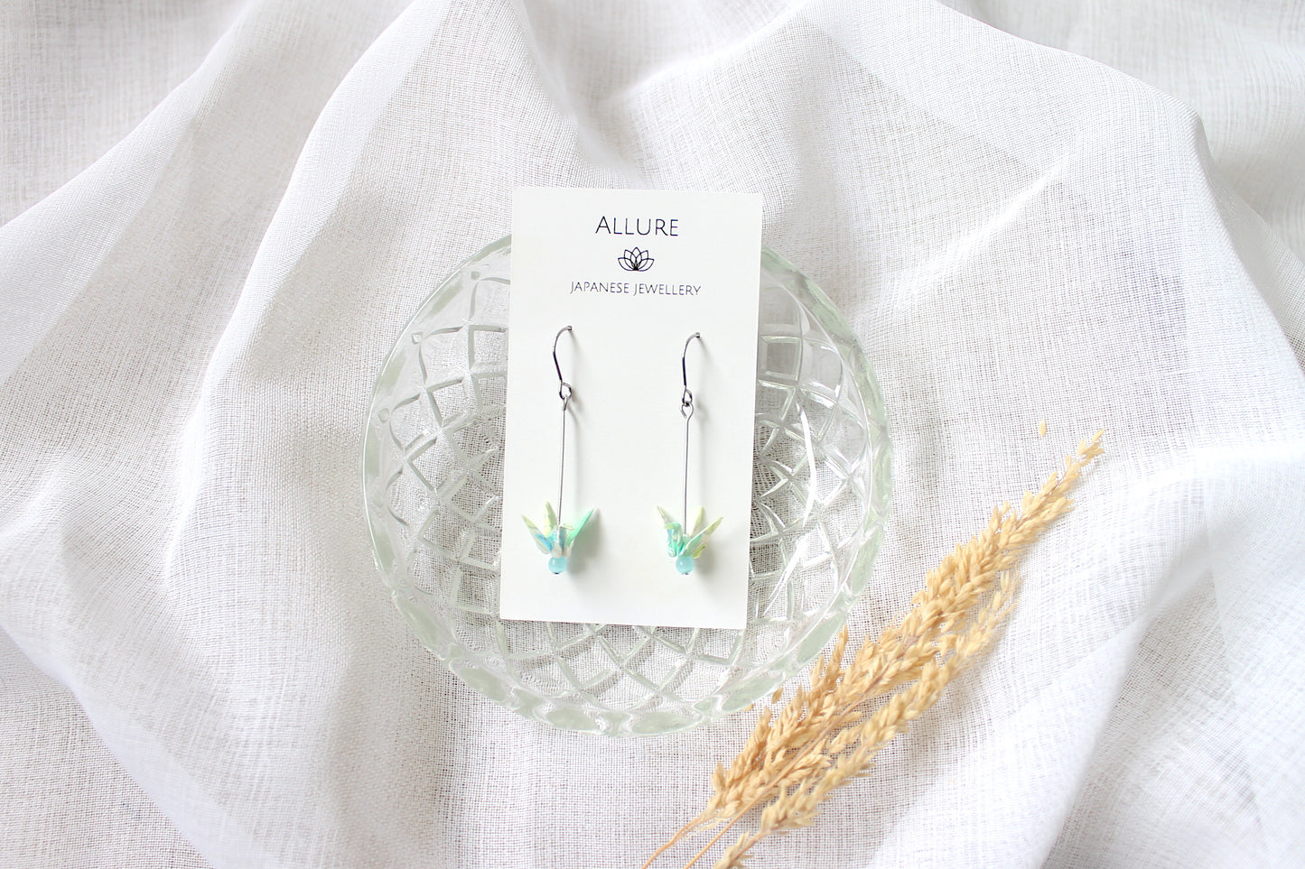 Origami Crane Earrings -Mint- Hypoallergenic Metal