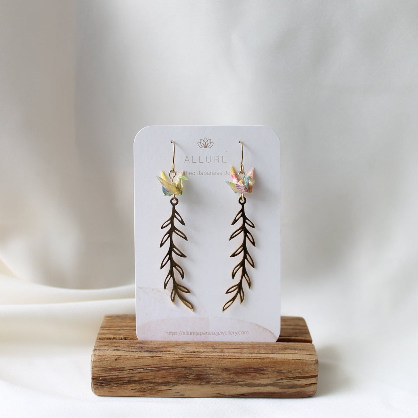 Origami Crane + Metal leave Earrings