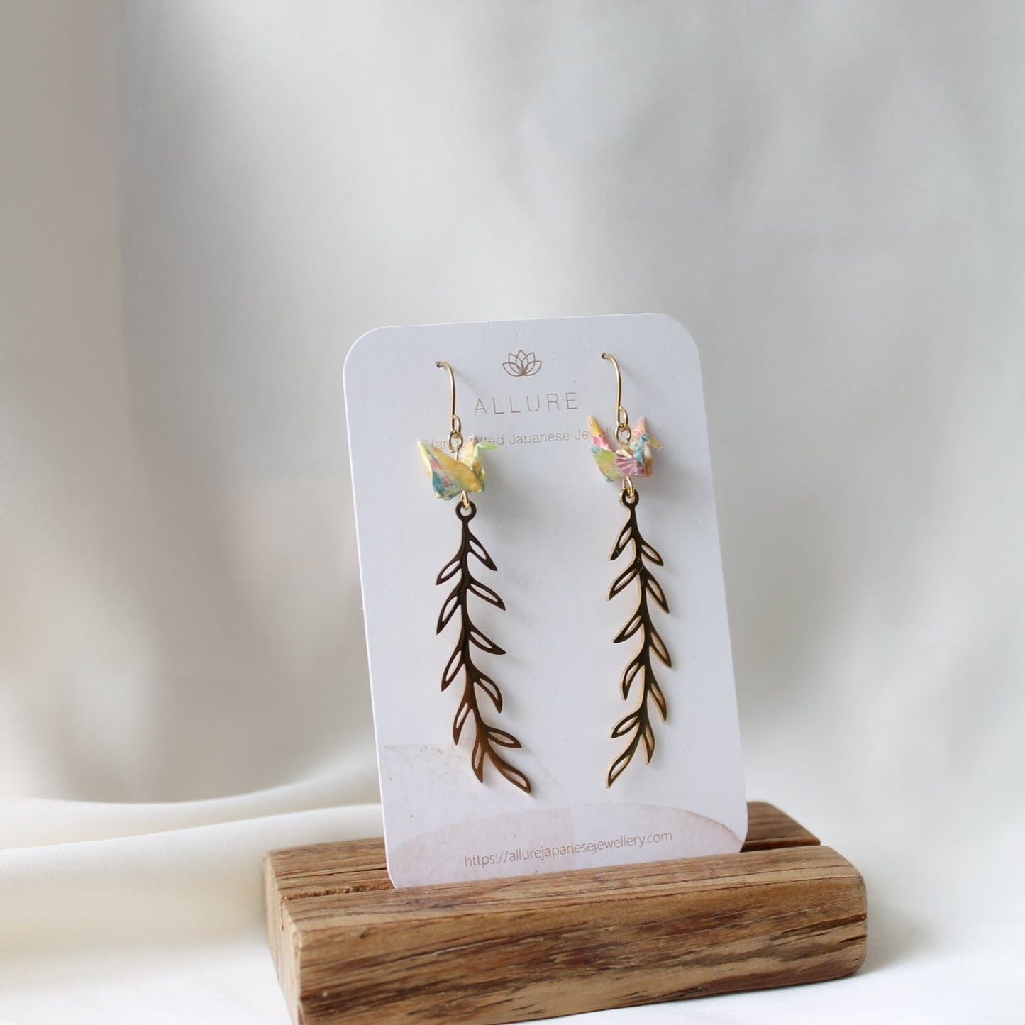 Origami Crane + Metal leave Earrings