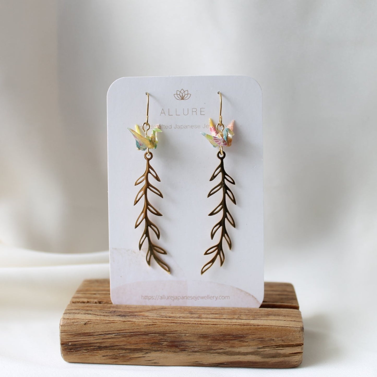 Origami Crane + Metal leave Earrings