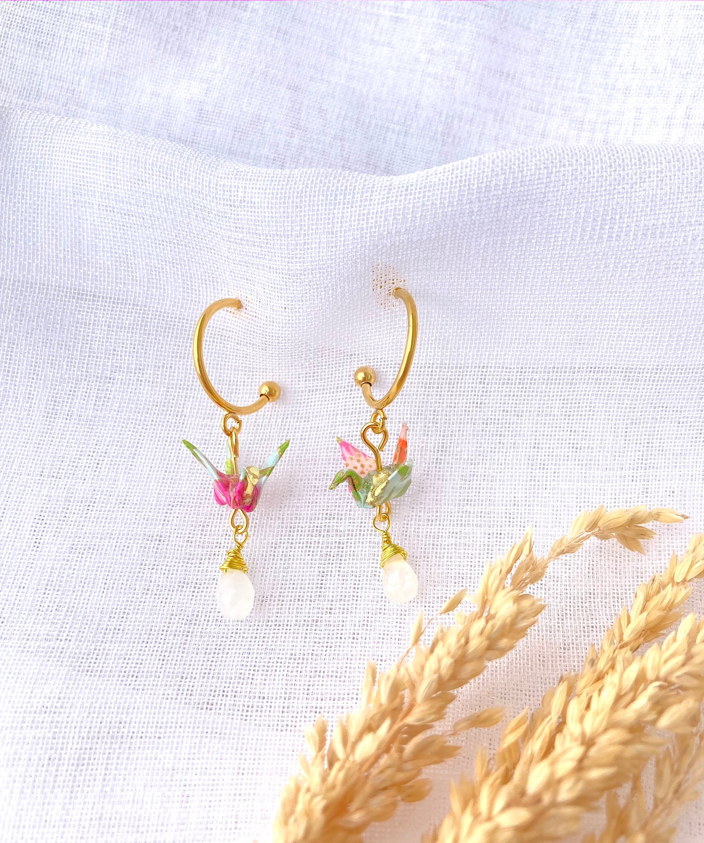 Origami Crane Earrings - Half moon stud hook- with Moonstone