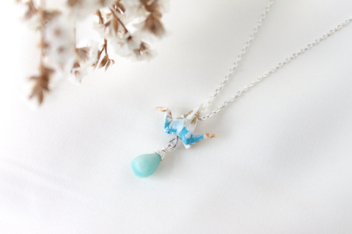 Crane Necklace - AQUA- Sterling Silver