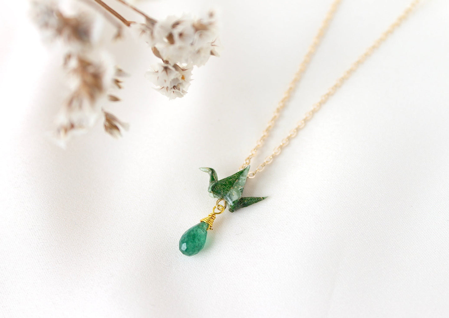 Crane Necklace - OLIVE- 14K Gold Filled